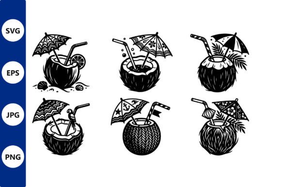 Coconut Drink Umbrella Vector Set