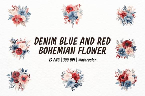 Denim Blue and Red Cream Bohemian Flower