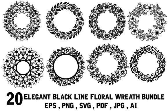 Elegant Black Line Floral Wreath Bundle